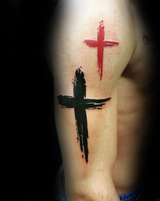 red-and-black-ink-paint-brush-stroke-simple-cross-mens-arm-tattoos-1