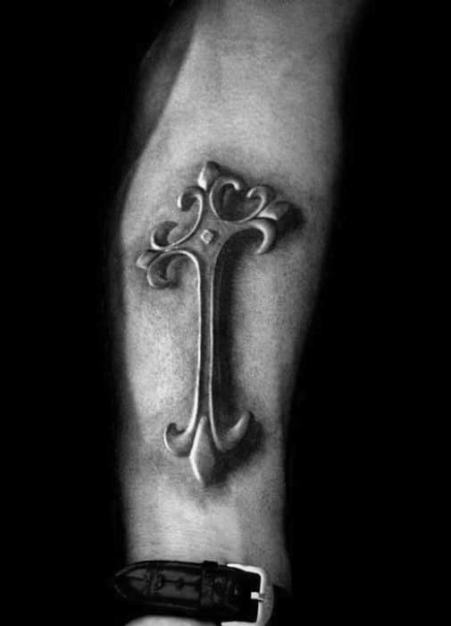 small-detailed-3d-badass-cross-guys-inner-forearm-tattoo-design-inspiration-1