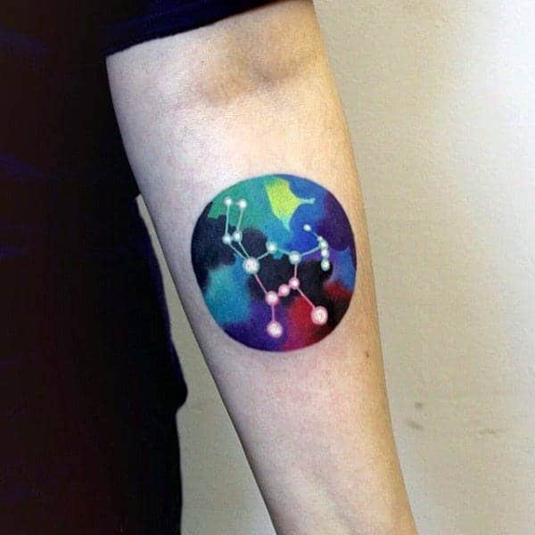 circle-colorful-constillation-white-ink-mens-forearem-tattoo-design-ideas