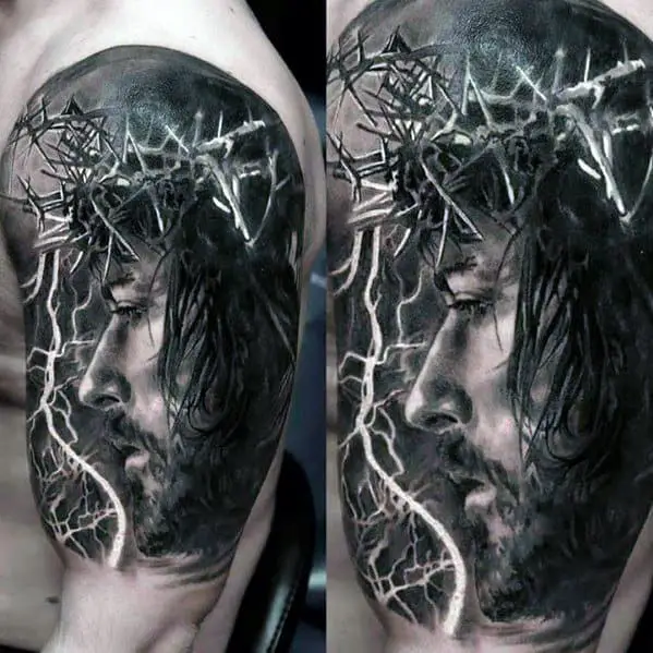 amazing-mens-3d-realistic-jesus-with-crown-of-thorns-half-sleeve-tattoos