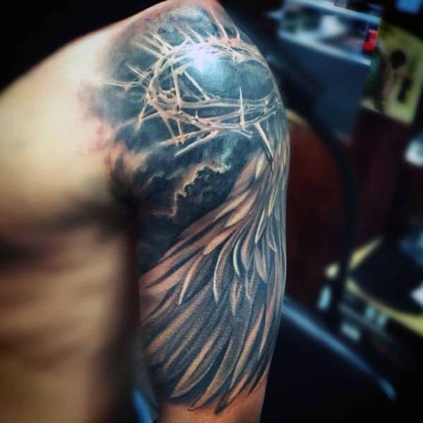 angel-wing-with-crown-of-thorns-mens-half-sleeve-tattoos