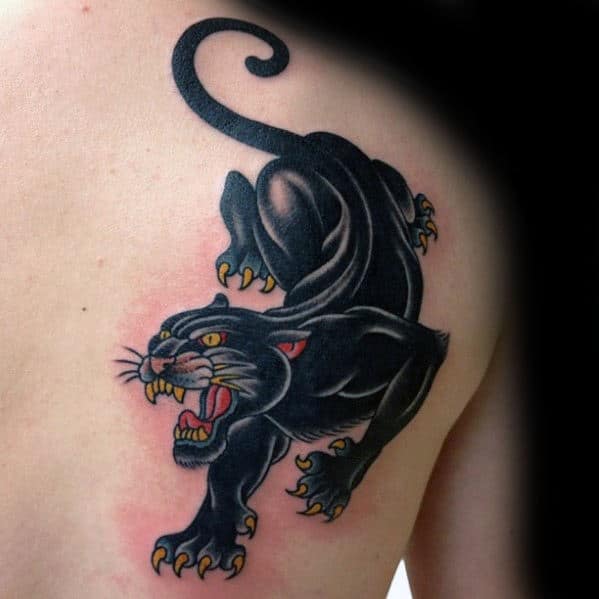 back-of-shoulder-blade-mens-traditional-panther-tattoo