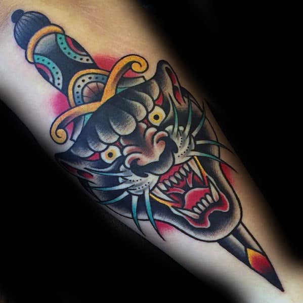 colorful-traditional-panther-dagger-guys-outer-forearm-tattoo