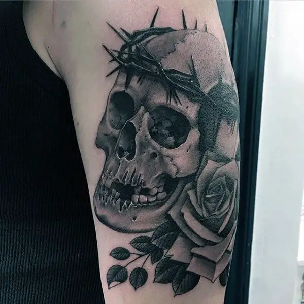 cool-black-and-grey-shaded-skull-with-crown-of-thorns-mens-arm-tattoos