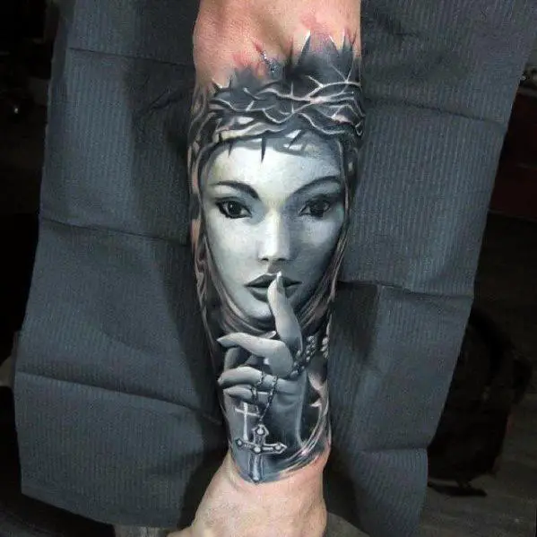 female-portrait-with-thorns-mens-religious-white-ink-forearm-sleeve-tattoos