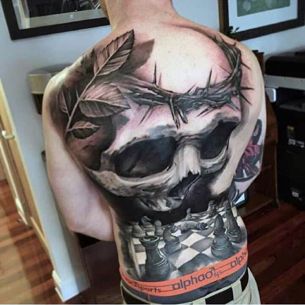 guys-skull-with-thorns-and-chess-board-3d-full-back-tattoos