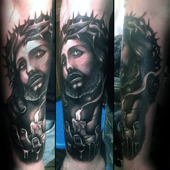 jesus-with-crown-of-thorns-and-melting-candle-mens-outer-forearm-tattoo