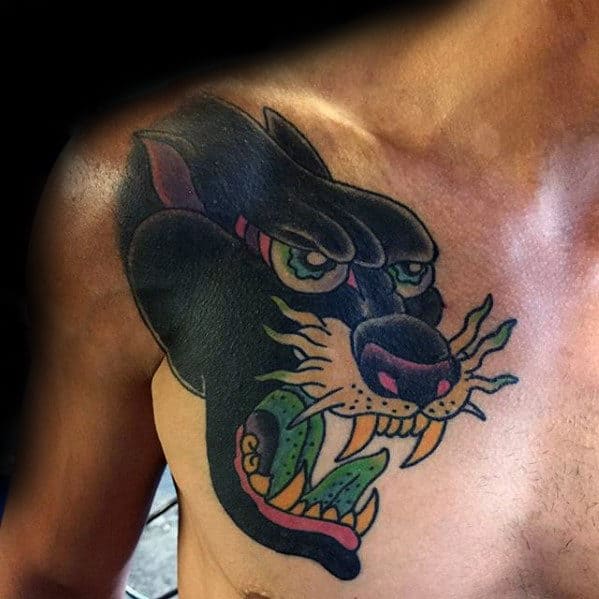 mens-angry-panther-traditional-shoulder-and-chest-tattoo-designs