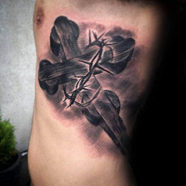 mens-rib-cage-side-3d-wood-cross-with-thorns-tattoo