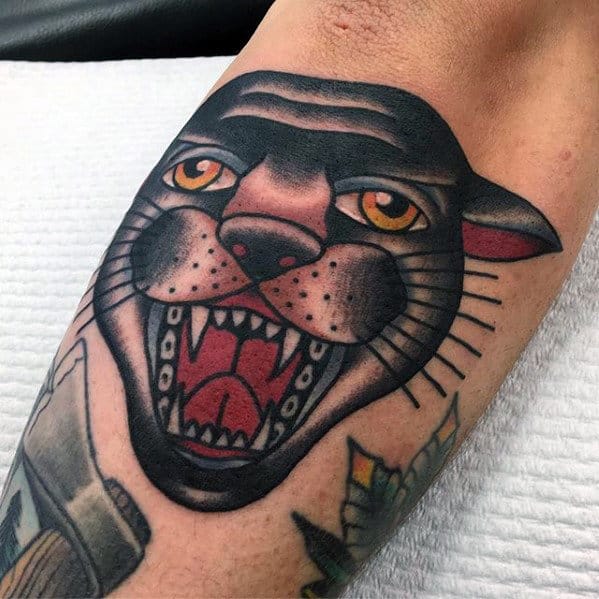 mens-traditional-panther-head-retro-outer-forearm-tattoo