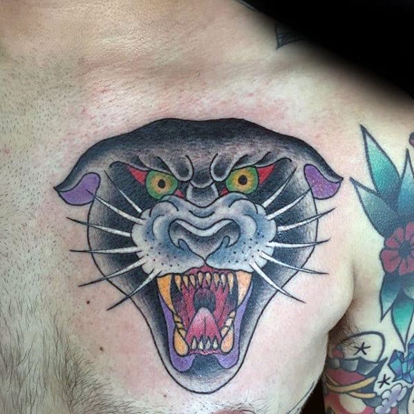 mens-upper-chest-traditional-panther-tattoo-ideas