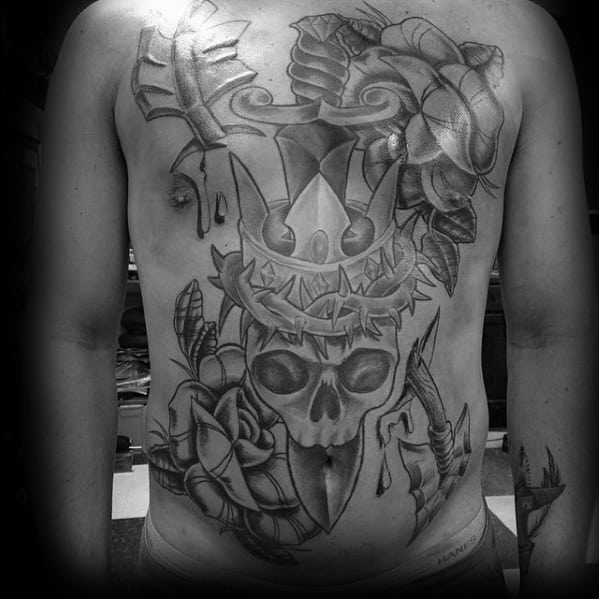 skull-with-king-crown-and-thorns-male-full-chest-tattoo-ideas