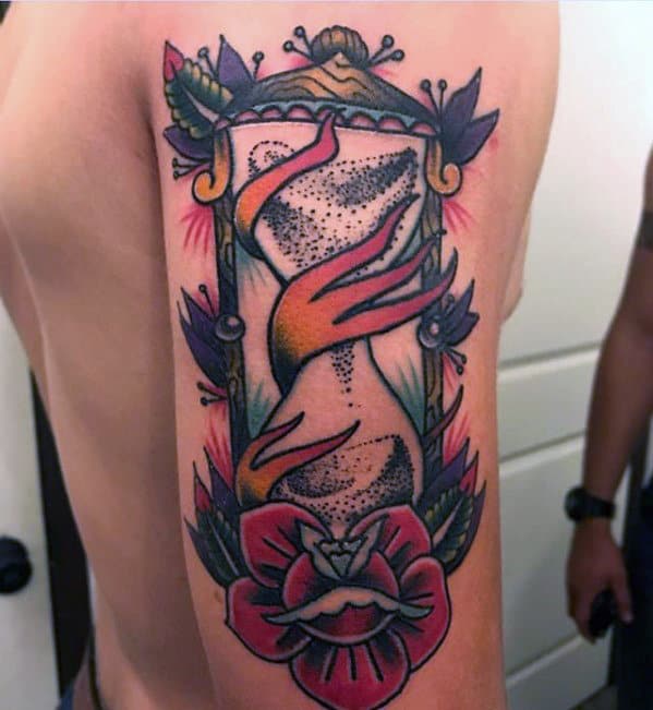 back-of-arm-male-traditional-hourglass-rose-flower-tattoo