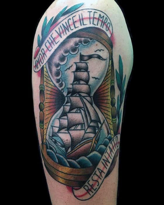 banner-with-sailing-ship-hourglass-mens-old-school-traditional-arm-tattoos