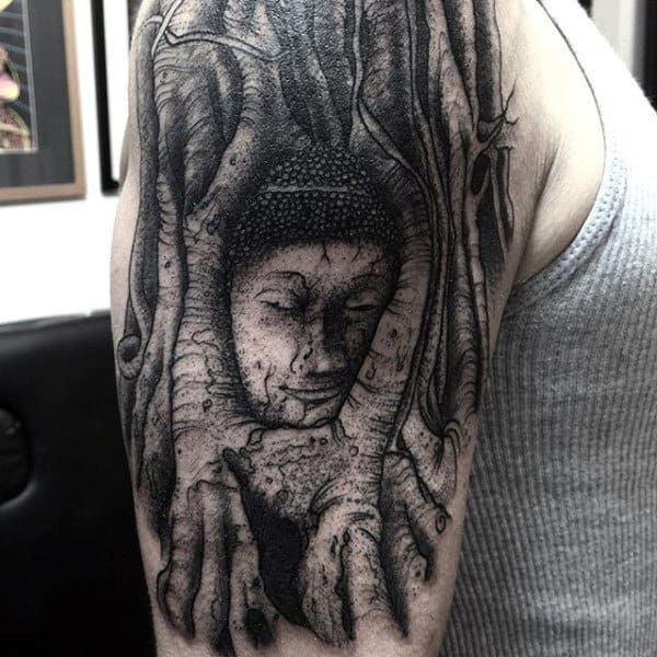 buddha-mens-tree-roots-shaded-arm-tattoo