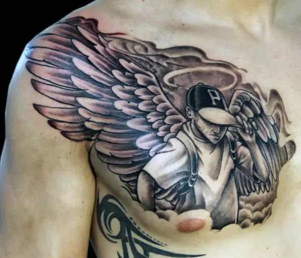 chest-grey-ink-angel-tattoo-for-men