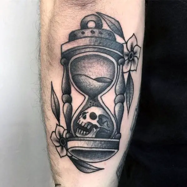 gentleman-with-outer-forearm-shaded-traditional-hourglass-tattoo