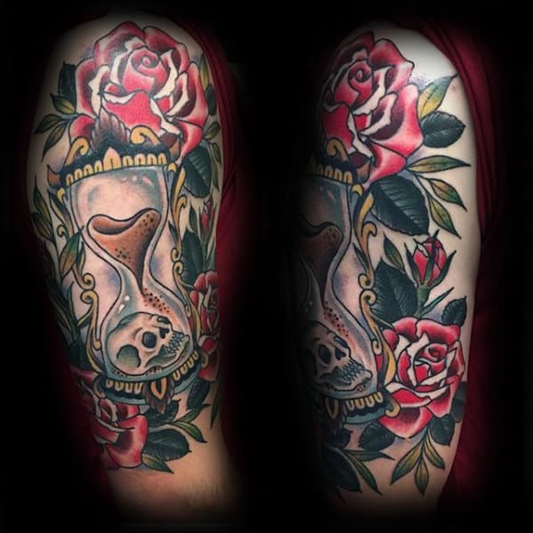 guys-arm-traditional-hourglass-rose-flower-skull-tattoos