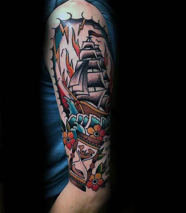 half-sleeve-guys-traditional-hourglass-sailing-ship-tattoos