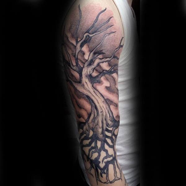 half-sleeve-guys-tree-roots-tattoo-design-ideas