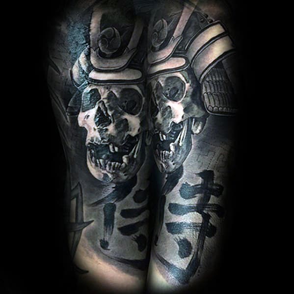 half-sleeve-mens-tattoo-with-chinese-symbol-and-skull-samuari-helmet-design