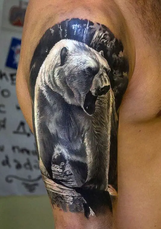 hyper-realistic-mens-polar-bear-half-sleeve-tattoo-ideas