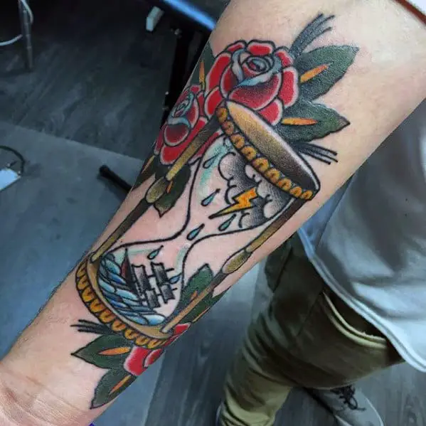 inner-forearm-ship-in-storm-traditional-hourglass-guys-tattoos