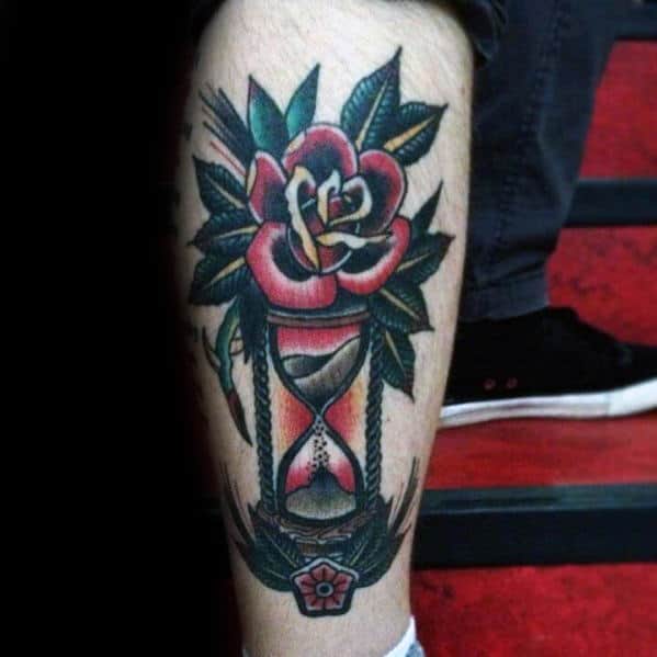 leg-mens-traditional-hourglass-rose-flower-tattoo