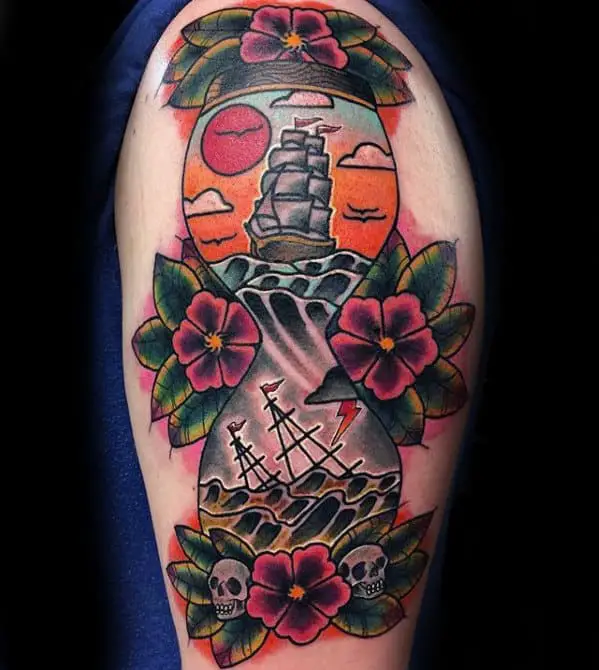 male-arm-traditional-hourglass-floral-tattoo-ideas