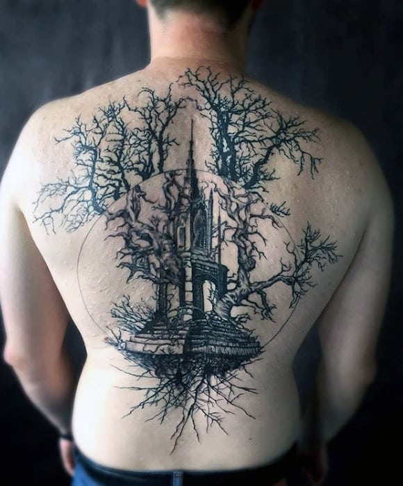 mens-tower-tree-roots-full-back-tattoo