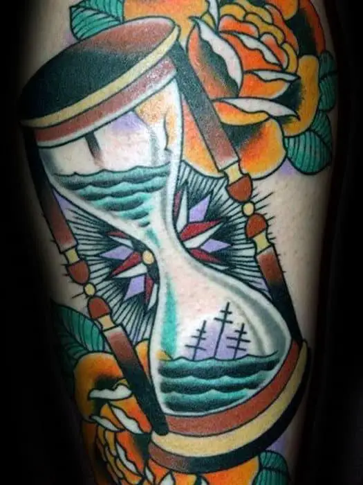 old-school-guys-traditional-hourglass-sunken-ship-tattoo-on-arm