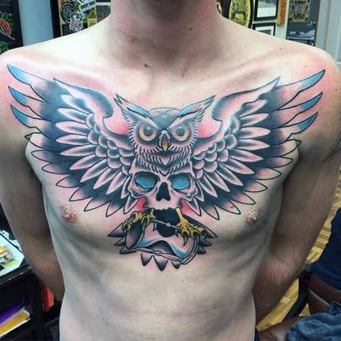 owl-with-skull-wings-and-hourglass-traditional-upper-chest-tattoos-for-guys