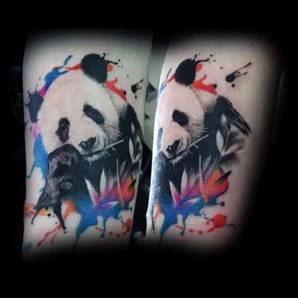 panda-bear-with-watercolor-leaves-mens-forearm-tattoos