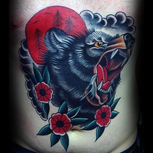 red-moon-with-black-traditional-bear-mens-stomach-tattoos
