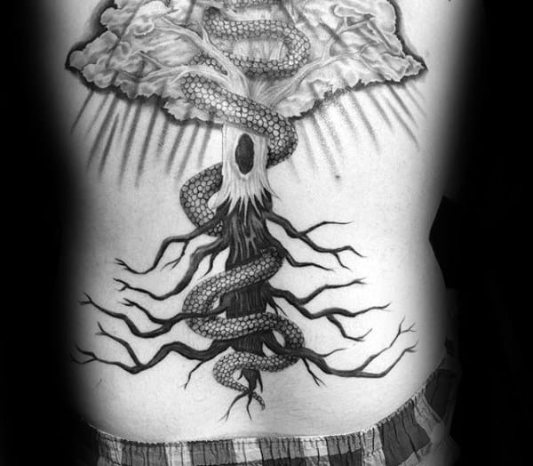 snake-wrapped-around-tree-roots-mens-back-tattoo