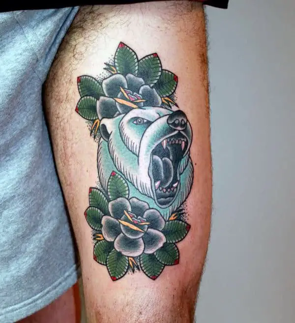 thigh-traditional-bear-with-black-rose-flowers-tattoo-design-ideas-for-men