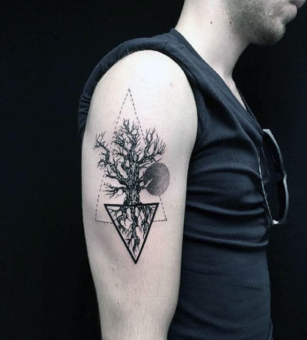 triangle-circle-male-upper-arm-tree-root-tattoo-design-ideas