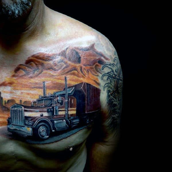 awesome-semi-truck-sunset-mens-upper-chest-tattoos