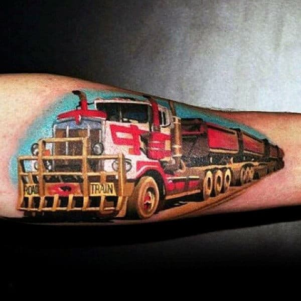 colorful-realistic-mens-semi-truck-inenr-forearm-tattoos