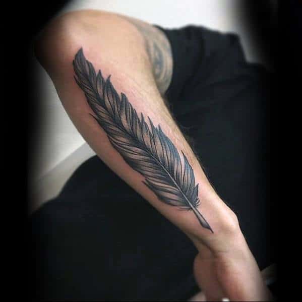 Black Ink Arrow And Feather Tattoo On Men Sleeve – Truetattoos