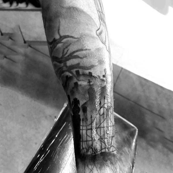 graveyard-tombstone-scene-sleeve-tattoo-for-men-on-forearm