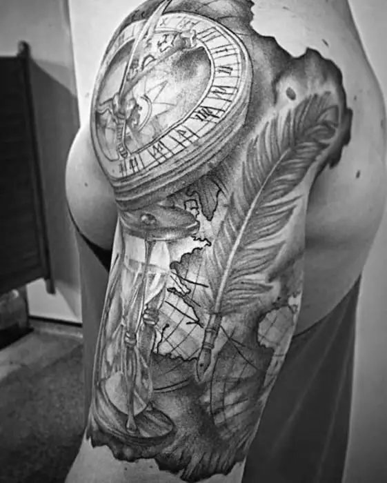 guys-quill-tattoos-half-sleeve-with-map-and-sundial-design