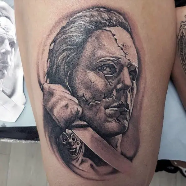 incredible-michael-myers-tattoos-for-men-on-thigh