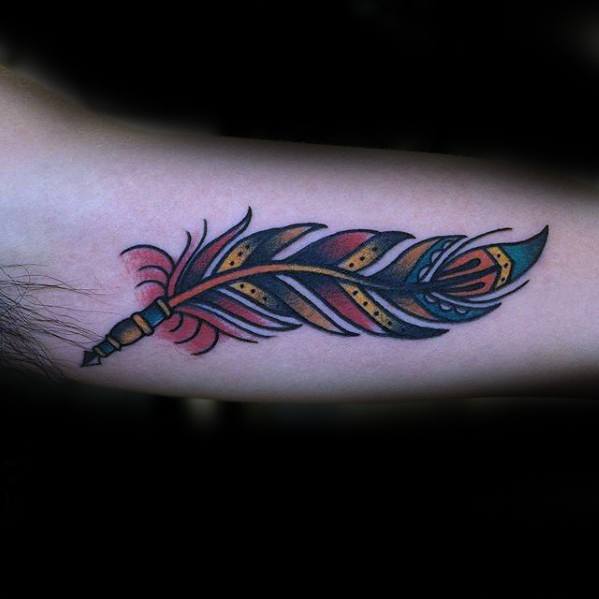 inner-arm-bicep-old-school-traditional-amazing-mens-quill-tattoo-designs