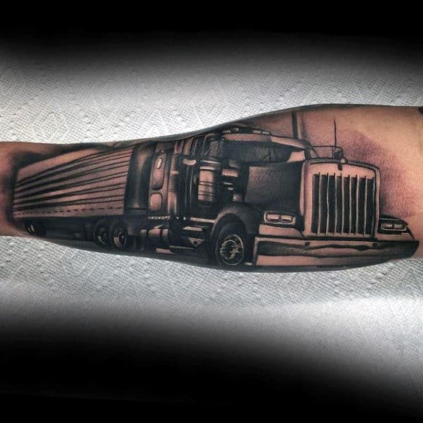 inner-forearm-semi-truck-shaded-black-and-grey-ink-tattoos-for-males