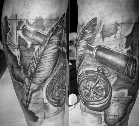 leg-quarter-sleeve-map-with-compass-and-quill-tattoos-for-gentlemen