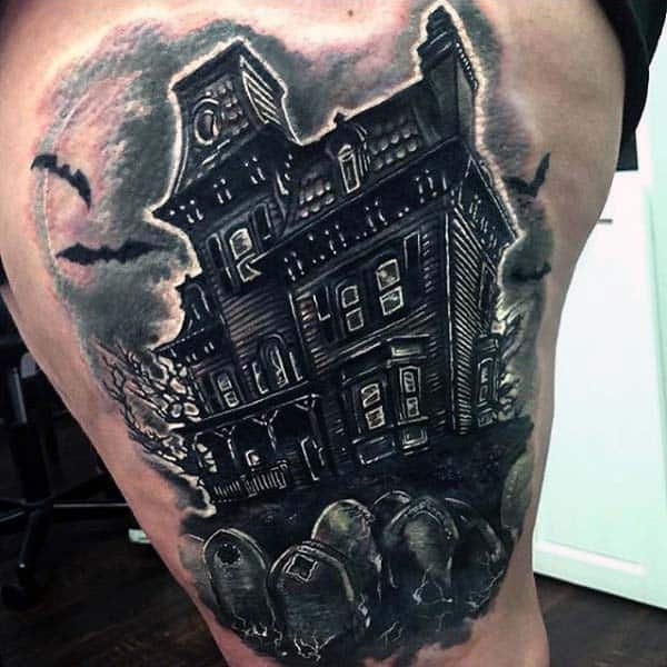 leg-thigh-haunted-house-with-tombstones-tattoo