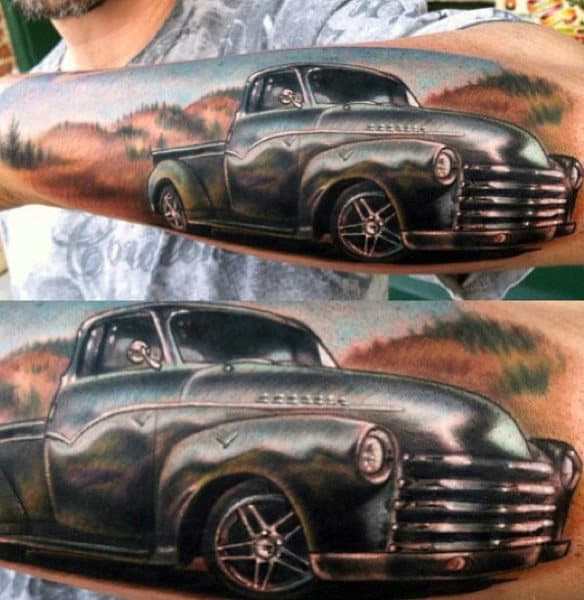 mens-outer-forearm-hot-rod-truck-tattoo-designs