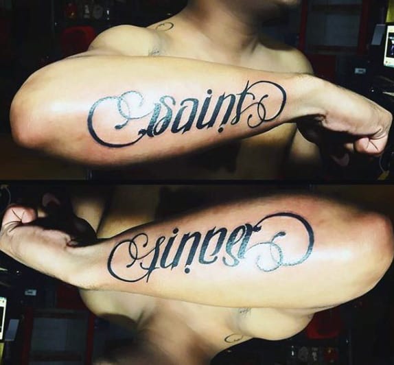 mens-saint-sinner-ambigram-tattoos-on-outer-forearm