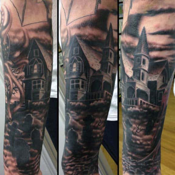 Realistic Graveyard Tattoo On sleeve